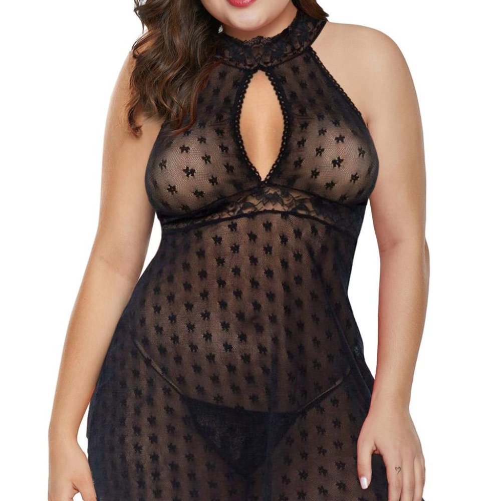 Queen Size Halter Sheer Black Baby Doll Set